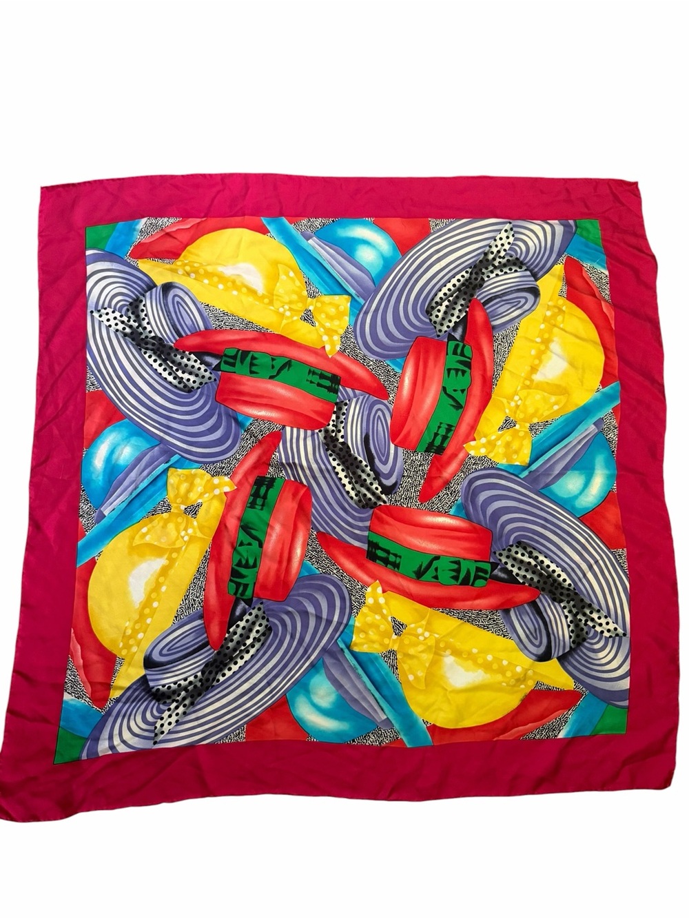 Vibrant Multicolor Hat Print Silk Scarf - Fuchsia Border